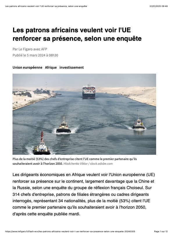 les patrons africains veulent voir l'ue renforcer sa présence, selon une enquête